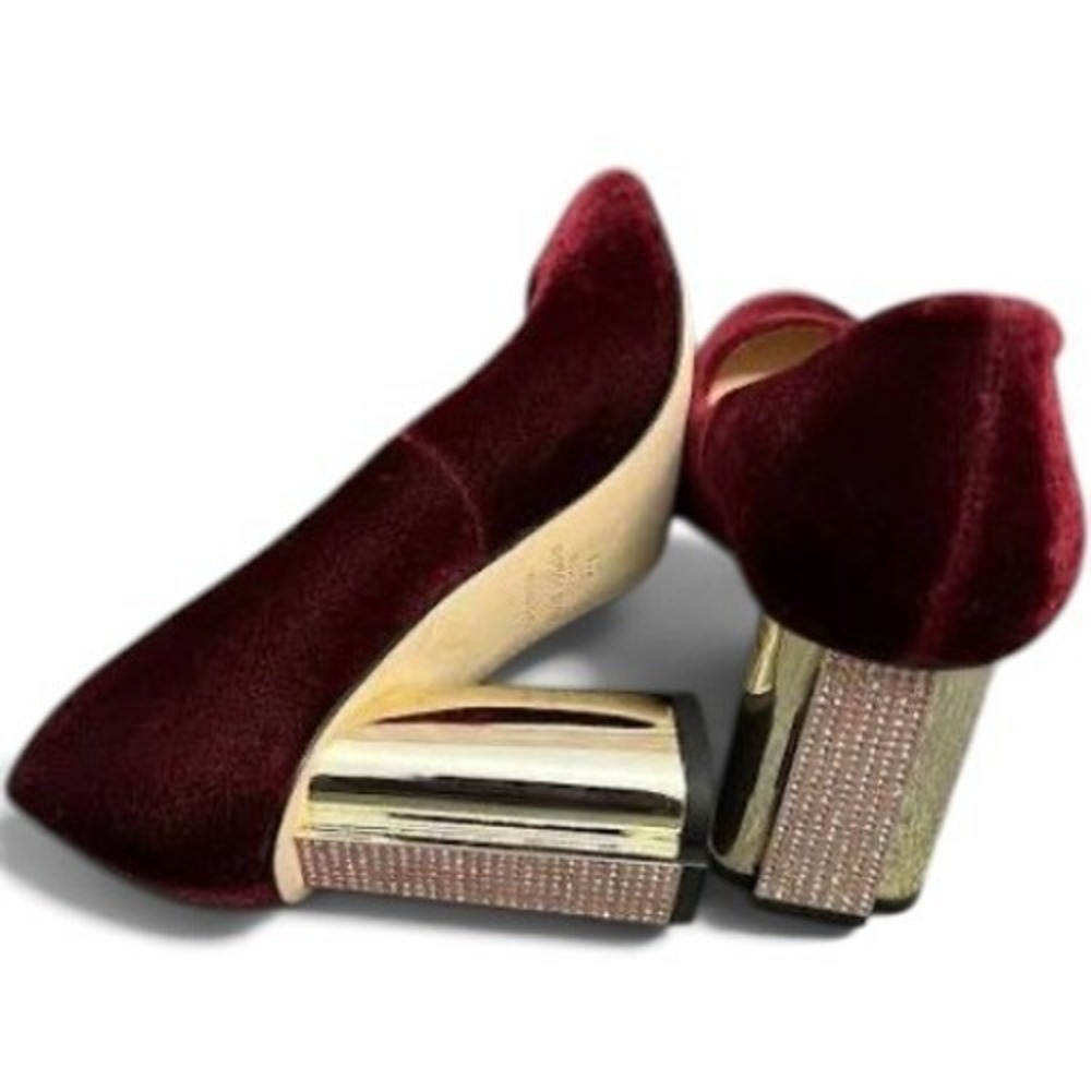 Kate Spade Sybil Pump Cherrywood Burgundy Velvet Rhinestone Gold Block Heel 8 M